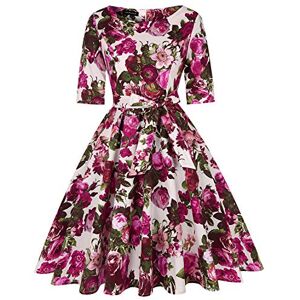 MINTLIMIT Women's Vintage Ruffle Flared Pockets A Line Swing Casual Cocktail Party Dress(Floral White and Pink,Size L)