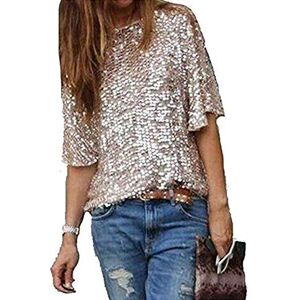 CHOSERL Women's Summer Sequins Tops Glitter Party Shirt Short Sleeve Sparkle Blouses T-Shirt (Gold, XL)