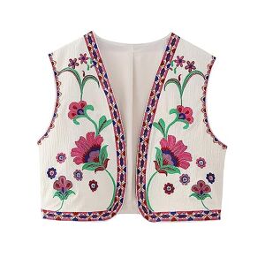 YILEEGOO Women Vintage Boho Floral Embroidered Gilets Sleeveless Crop Cardigan Tops Open Front Vest Outwear Jackets (Beige Pink, L)
