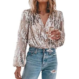 Colisha Women's Sequin Blouse Long Sleeve Wrap V Neck Sparkle Glitter Shirt Tops Elegant Main L