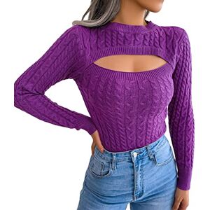 FeMereina Womens Ribbed Knit Cut Out Sweaters Jumper Slim Fit Crop Top Pullovers Cable Knitted Crewneck Sweater Tops (Purple, L)