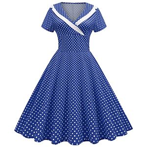 IWEMEK Women 1950s Vintage Retro Rockabilly Dress Lapel V-Neck Slim A-line 50s 60s Pinup Audrey Hepburn Style Polka Dot Swing Dresses Summer Casual Pageant Party Cocktail Evening Gown Blue S