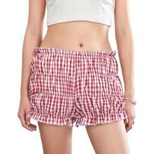 PanLidapan Women Summer Y2k Plaid Shorts Casual Gingham Shorts Elastic Ruffled Shorts Kawaii Bloomer Shorts for Loungewear/Streetwear (Red, L)