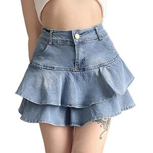 Smimgo Women's Pleated Ruffle Denim Skirts High Waisted A-Line Goth Skirt Slim Bodycon Mini Jean Skirts Summer (Color : Blue 1, Size : M)