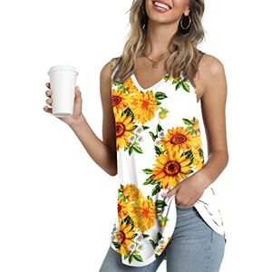 POPYOUNG Women's Summer Sleeveless Tunic Tops with Leggings V-Neck T-Shirt Flowy Tank Top Casual Loose Blouse Shirt M, Sunflower White