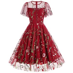 Cocktail Dresses for Women UK Summer Elegant 50s Vintage 1950s 1940s Sleeveless Embroidered Swing Midi Dress Ladies Wedding Guest Christmas Formal Evening Special Occasions Party Ball Gown Red #3 S