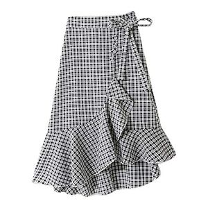 Janly Clearance Sale Skirt for Women , Female Elastic High Waist Plaid Mid-length Asymmetric Ruffles Skirt , for Holiday Summer (Black-Free Size