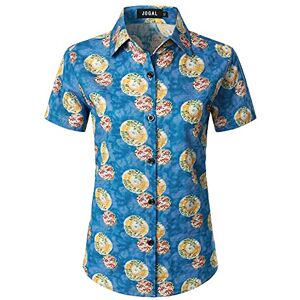 JOGAL Women's Floral Blouse Casual Button Down Short Sleeve Aloha Tropical Hawaiian Shirt X-Small Lakeblue