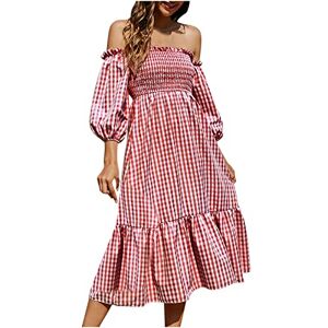 Bandeau Dresses for Women UK Elegant Plaid Off The Shoulder Maxi Dress Puff Sleeve Boho Long Dresses Summer Beach Holiday Casual Flowy Dresses Size 10 Clearance Red