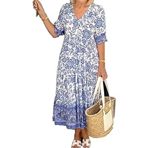 MUGUOY Hermosor Dresses V Neck Bohemian Dress for Women,Summer Causal Floral Printed Beach Dress,Short Loose Waist Puff Sleeve Dress (M, Blue)