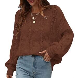 ZAFUL Women's Long Sleeve Knit Pullover Mesh Striped Crew Neck Casual Loose Top (L,Brown)