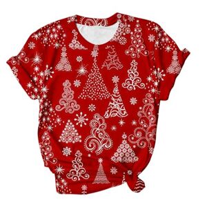 Blouses For Women Uk Plus Size Christmas Tops for Women UK Clearance Ladies Blouse Xmas Tree Printed Mid-Length Short Sleeve O-Neck Casual Tee Tops T-Shirt Vintage Shirts for Work Officce