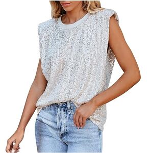 Womens Blouses Sale Clearance Mrat Summer Vests for Women UK Clearance Sequin Camisole Vest Sleeveless Blouses Sparkly Tank Top Round Neck Vests Glitter Going Out Top Trendy Loose Fit Camisole Party Tank Top Casual Vest White L
