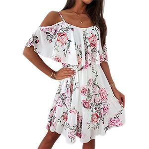 Wearewe Summer Dress Off Shoulder Floral Print Short Sleeve Casual Dresses Cross Bohemia Swing Beach Sundress White L