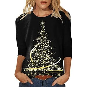 Dantazz Womens Daily Christmas Tree Print Crew Neck T Shirt O Neck Tops Three Quarter Sleeve Round Neck Tee Shirt Printed Flower Loose Side Split Blouse Tunic Mesh Long Sleeve Top (b-Black, M)