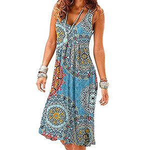 YMING Women Sleeveless Summer Dress Casual Dress Loose Round Neck Knee Long Dresses Blue Annual Ring M