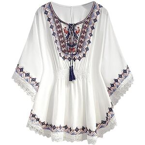 Amhomley Women Long Sleeve Tunic Shirts AMhomely Tops for Women UK Plus Size Vintage Ethnic Short Sleeve V Neck Loungewear Tops Lighweight Gypsy Tops Embroidery Loose Fashion Vest Stretch Basic Tee Shirts 150 White 5XL