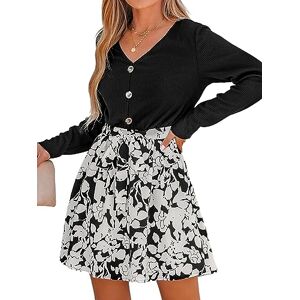 CUPSHE Women Casual Dress V Neck Button Floral Print Belted Long Sleeve Mini Dress A-Line Short Dress Black L