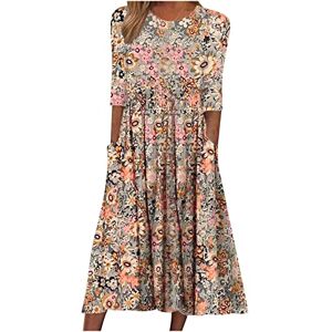 AMhomely Women Casual Dress Sale Summer Midi Dress Boho Dress Round Neck Half Sleeve Floral Printed Dresses with Pocket Boho Dress Cocktail Holiday Beach Long Dress for Ladies UK Size…