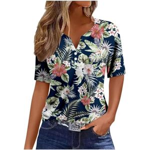 Generic Summer Women's T-Shirt V Neck Half Sleeve Tops Floral Pattern Printed Hawaiian Beach Tees Comfortable Button Womens Tshirts Casual Office Work Shirts Navy