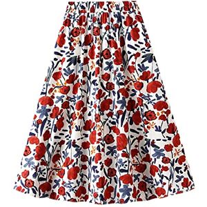 Wervot Floral Printed Midi Skirt Waist A-line Skirt Elastic Waist Skirt with Pockets Summer Pleated Skirt Long Swing Skirt Women's Summer Knee-Length, red, One Size