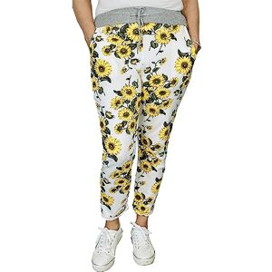 c2pwear Womens Elasticated Waist Turn Up Italian Trousers Side Pocket Drawstring Summer Pants (Yellow Sunflower Print UK 8-10)
