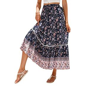 Vioyavo Women Casual Boho Long Skirt Vintage Floral Print Bohemian Style Half Dress Elastic Waist Flowy Swing Midi Skirt Summer Spring (Navy, M)