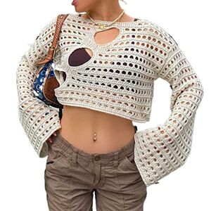 SMIMGO Women Hollow Out Crochet Knit Sweater Y2K Long Sleeve Crop Top Summer Loose Jumper Cover Up Pullover Streetwear Outfits (Color : White, Size : M)