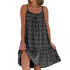 Angxiwan Summer Dresses for Women 2024 Plus Size Sleeveless Midi Dress Retro Printed Scoop Neck Sundress Elastic Beach Shoes Casual Spaghetti Strap Ruffle Hem Dresses C-Black
