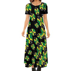 Songting Jamaican Flag Lip Women's Summer Casual Short Sleeve Maxi Dress Crew Neck Printed Long Dresses S