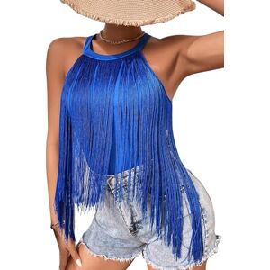 AUBIG Women's Tassel Camisole Summer Solid Color Halter Neck Fringe Cami Shirts Sleeveless Stretch Tunic Tops Stylish Irregular Vest Blouse 02 Blue S