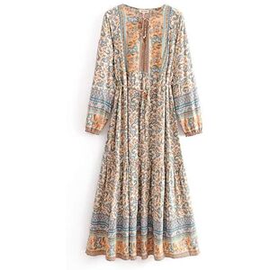 Boho Maxi Dress Long Sleeve Summer Dresses for Women Floral Casual Flare Flowy Gypsy Hippie Bohemian Style (UK, Alpha, L, Regular, Regular, Beige)