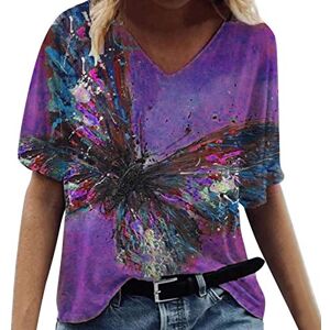 oneforus Women's Casual Graffiti Painted Print T-Shirt Fashion v-Neck Short-Sleeved T-Shirt top Purple