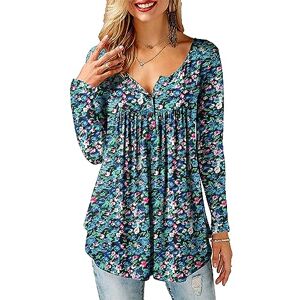 Beluring Tshirt Womens Long Sleeve Tops Stretch Pleated Blouse Fashion V Neck Swing Top Floral Navy Blue Size 22 24