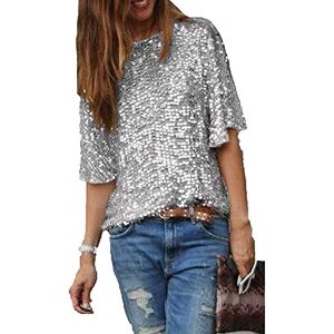 CHOSERL Women's Summer Sequins Tops Glitter Party Shirt Short Sleeve Sparkle Blouses T-Shirt (Silver, S)