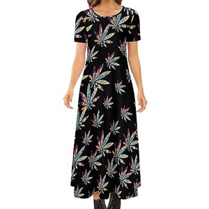 Songting Psychedelic Weed Art Women's Summer Casual Short Sleeve Maxi Dress Crew Neck Printed Long Dresses S