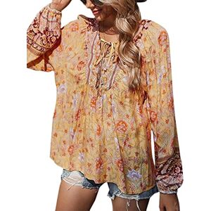 ZANZEA Women's Casual T-Shirt Lantern Sleeve Shirts V Neck Lace Up Floral Print Summer T Shirt Tunic Blouse Drawstring Yellow S