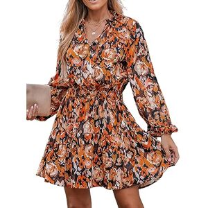 CUPSHE Women's Mini Dress Tie Neck Long Sleeves Waist Elastic Autumn Watercolor Floral Print A-Line Casual Party Dress Orange L