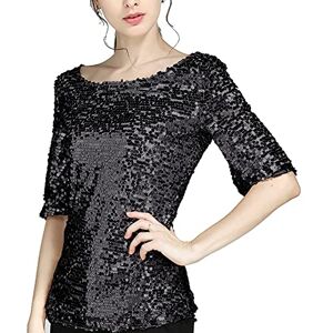 Hzmm Womens Coctail Party T Shirt Summer Fashion Sequins Half Sleeve Crew Neck Shiny Blouse Casual Women Crop Tops Ladies Club Tunic Shirt Black