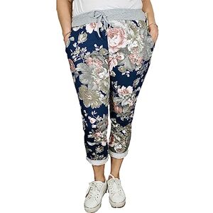 asfashion online Womens Elastic Waist Turn Up Italian Trousers Floral Print Side Pocket Drawstring Summer Pants (Navy Rose Print UK 16-18)