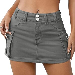 Edhomenn Women Mini Skirt Vintage High Waist Cargo Skirt Solid Color Skirt with Pockets Summer Slim Fit Y2k Denim Skirt Streetwear (02 Grey, M)