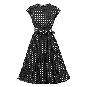 Wellwits Women's Polka Dots Cap Sleeves Pleated Vintage Dress Black S