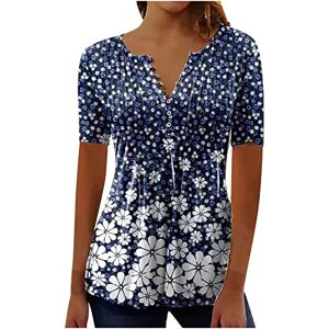 Yolimok Summer Henley T-Shirts Tops for Women UK Elegant Vintage Floral Printed Tunic Tops V Neck Flowy Flare Buttons Up Blouse Swing Blouses Longine Shirts Casual Baggy Pullover Plus Size 8-18