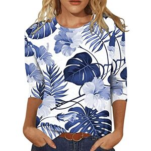 Womens 3/4 Sleeve Crewneck Tshirts SHITOUJI 3/4 Length Sleeves Floral Printed Shirts for Women UK Round Neck Loose Fit Boho Tshirts Ladies Summer Casual Baggy Three Quarters Sleeve Tunic Tops Personalised T Shirts