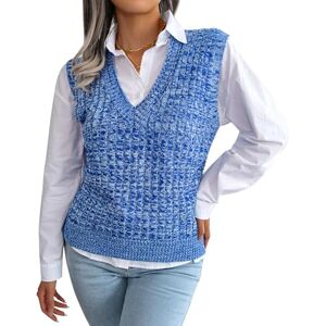 FEOYA Women's Knitted Vest Tops V Neck Sleeveless Jumper Sweater Vest Twist Knit Tank Top Preppy Pullover Waistcoat Solid Color Loose Fit Knitwear School Streetwear Autumn Winter Spring 05 Blue L