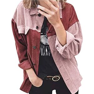 Buetory Women's Vintage Corduroy Jackets Casual Trendy Lapel Collar Button Down Shackets with Pockets Color Block Loose Shirts Tops(02-Red,XX-Large)