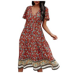 Janly Clearance Sale Women's Dress, Spring and Summer Woman's V-Collar Printed Belt Long-Style Short-Sleeved Dress, for Holiday Summer (Red-S