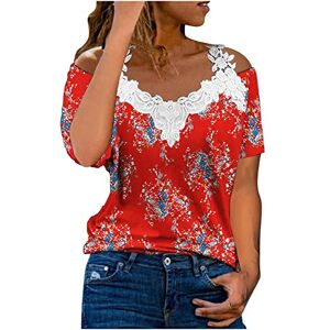 Kuih Summer Tops for Women UK Lace V Neck Printed Tunic Cold Shoulder Casual Loose Short Sleeve Top Holiday Party Office Fashion Blouse Comfy Breathe Elegant Tee Shirt for UK Size 8-16