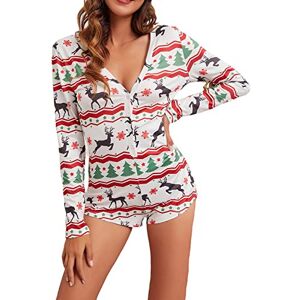 FeMereina Women's Christmas Long Sleeve Short Jumpsuit Button Down V Neck Xmas One Piece Bodysuit Club Tank Romper Overall Pajama (White Tree#1, S)