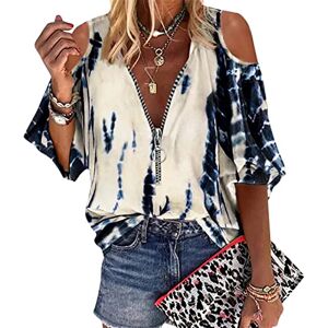 Clearance!Hot Sale!Cheap! Elegant Blouse for Women UK Clearance Womens Summer Cold Shoulder Tops Zipper V Neck Short Sleeve Blouses Top Fashion Print Tees Loose Casual Tunic Tees